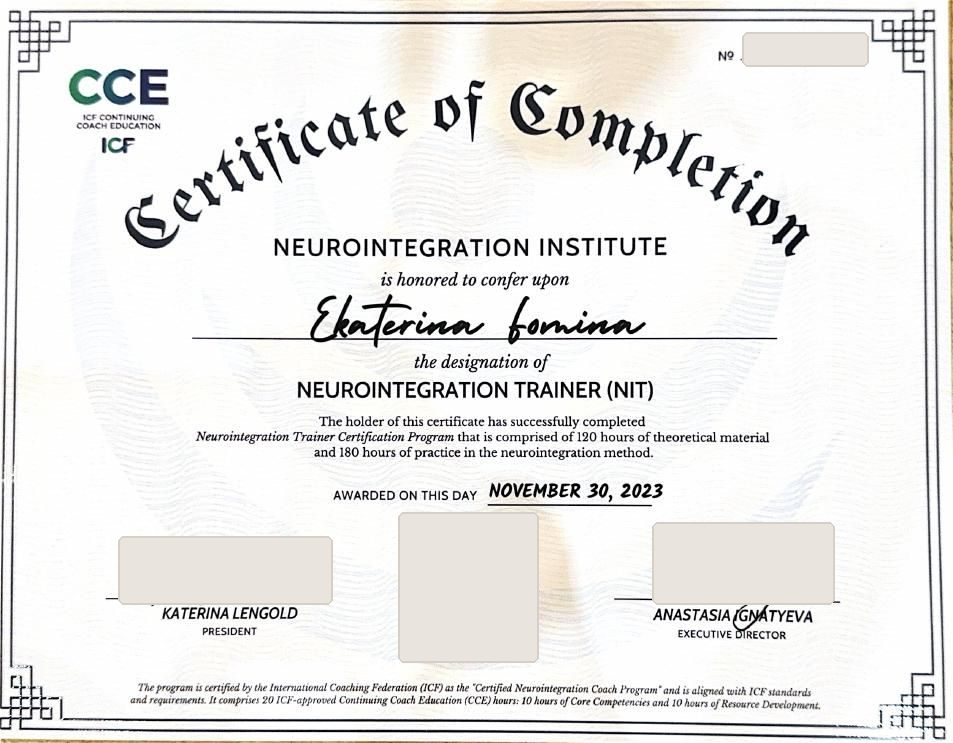 Neurointegration Trainer (NIT): Сертификат